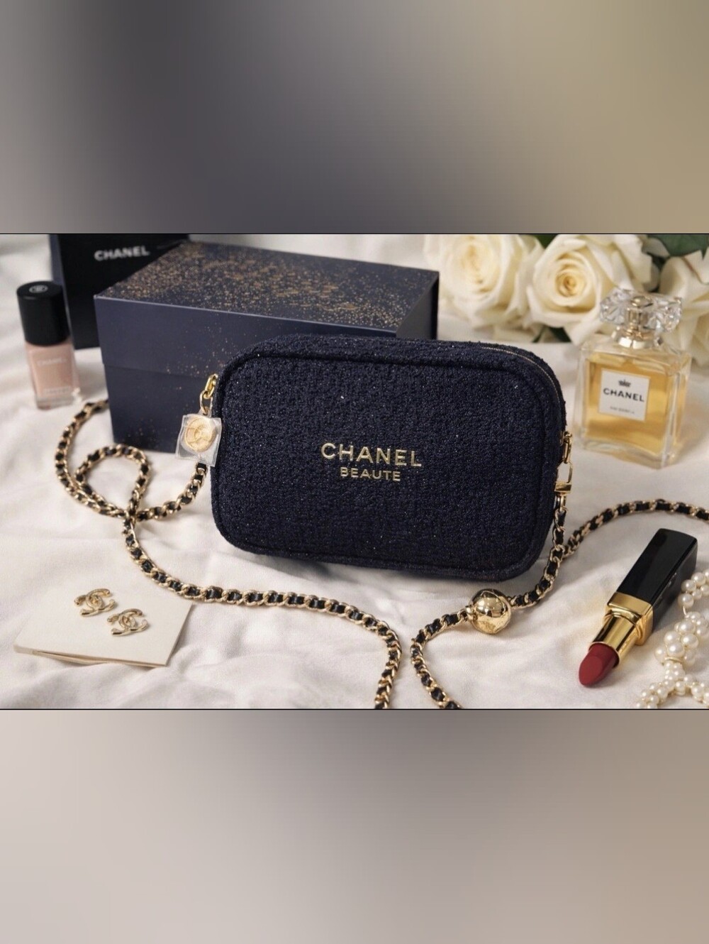 VIP Precision Beauté Black Tweed Chain Crossbody Bag